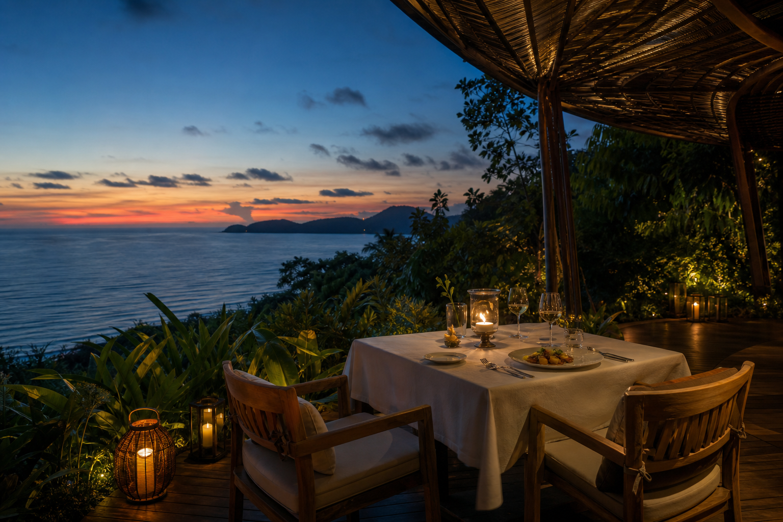 A candlelit dinner for two on Aurelia Cove's ocean-view terrace at dusk