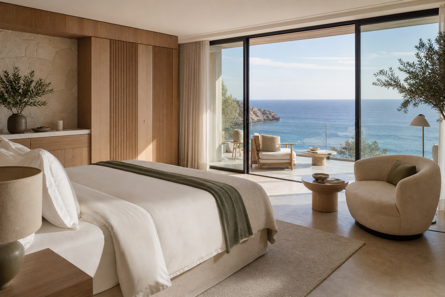 Aurelia Ocean Suite with a king bed, natural timber finishes, and panoramic sea views